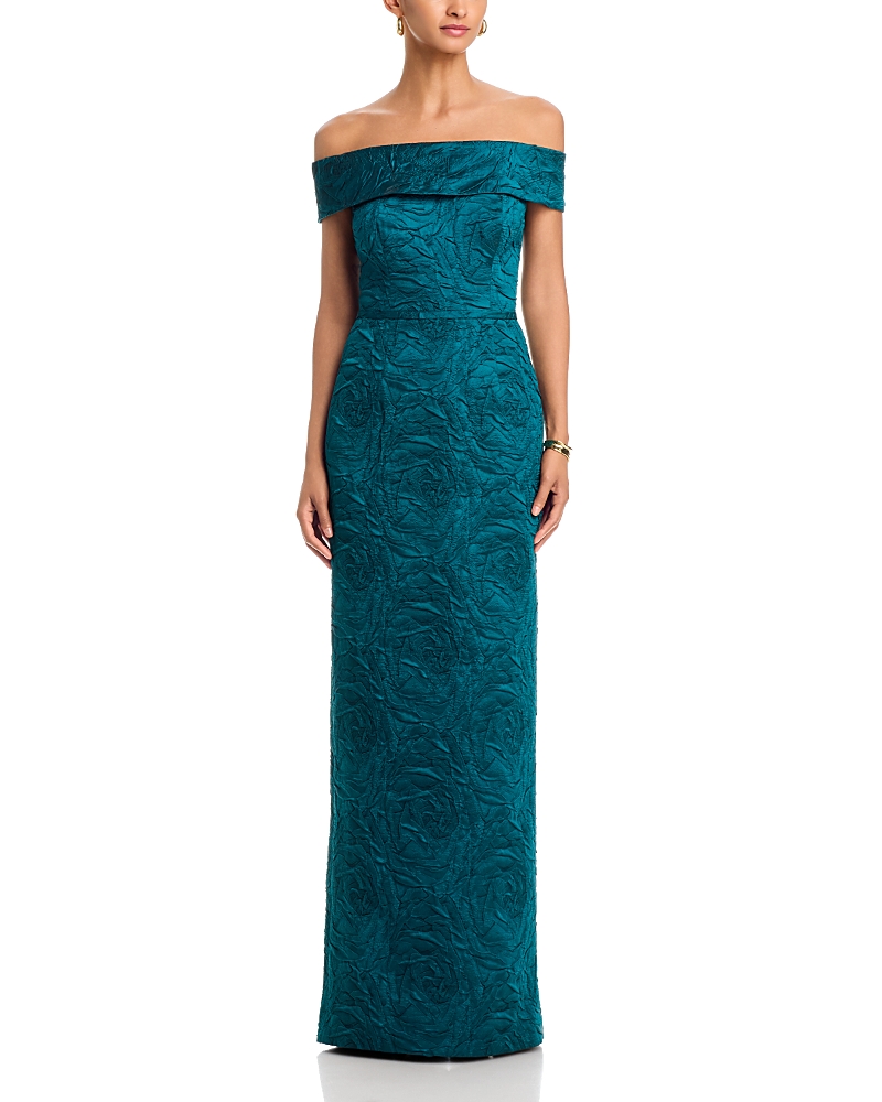 Teri Jon By Rickie Freeman Jacquard Off-the-Shoulder Gown