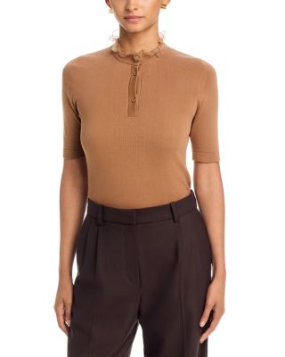 Cotton Ruffled Neck Sheer Trim Sweater