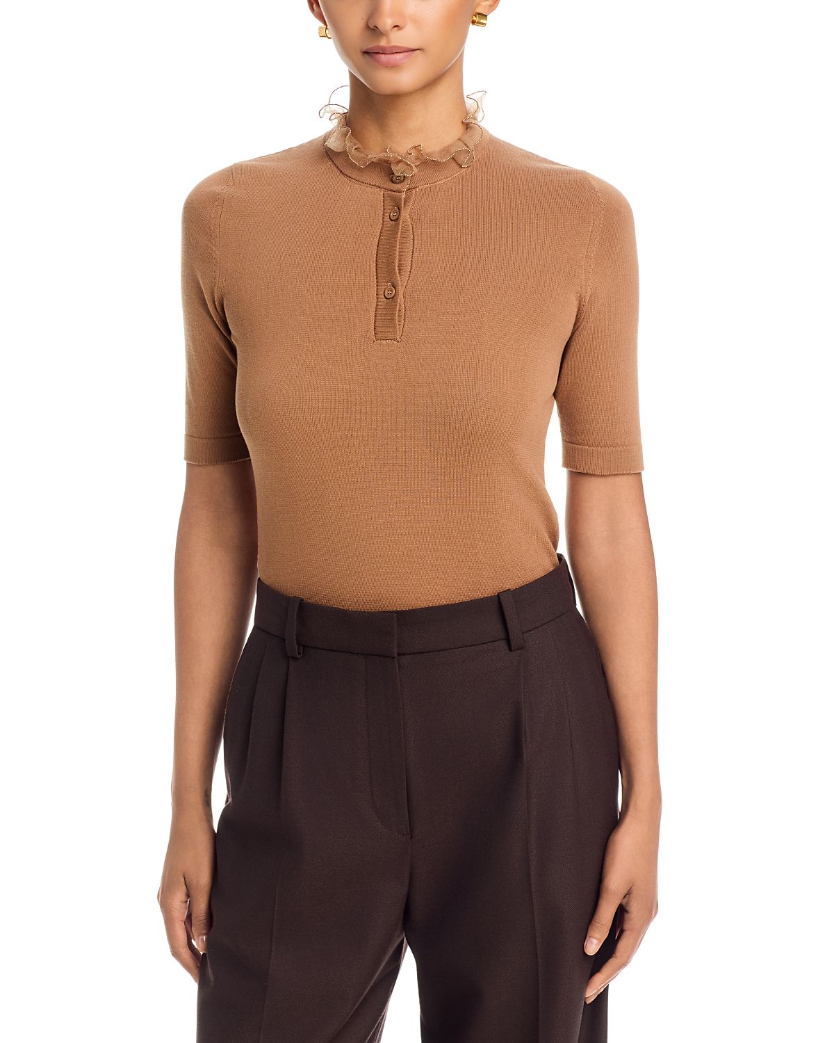 Fabiana Filippi Cotton Ruffled Neck Sheer Trim Sweater
