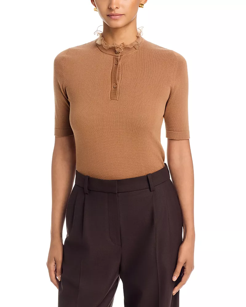 Fabiana Filippi Cotton Ruffled Neck Sheer Trim Sweater