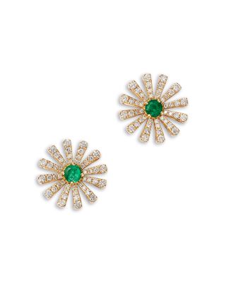 Emerald & Diamond Daisy Stud Earrings in 14K Yellow Gold