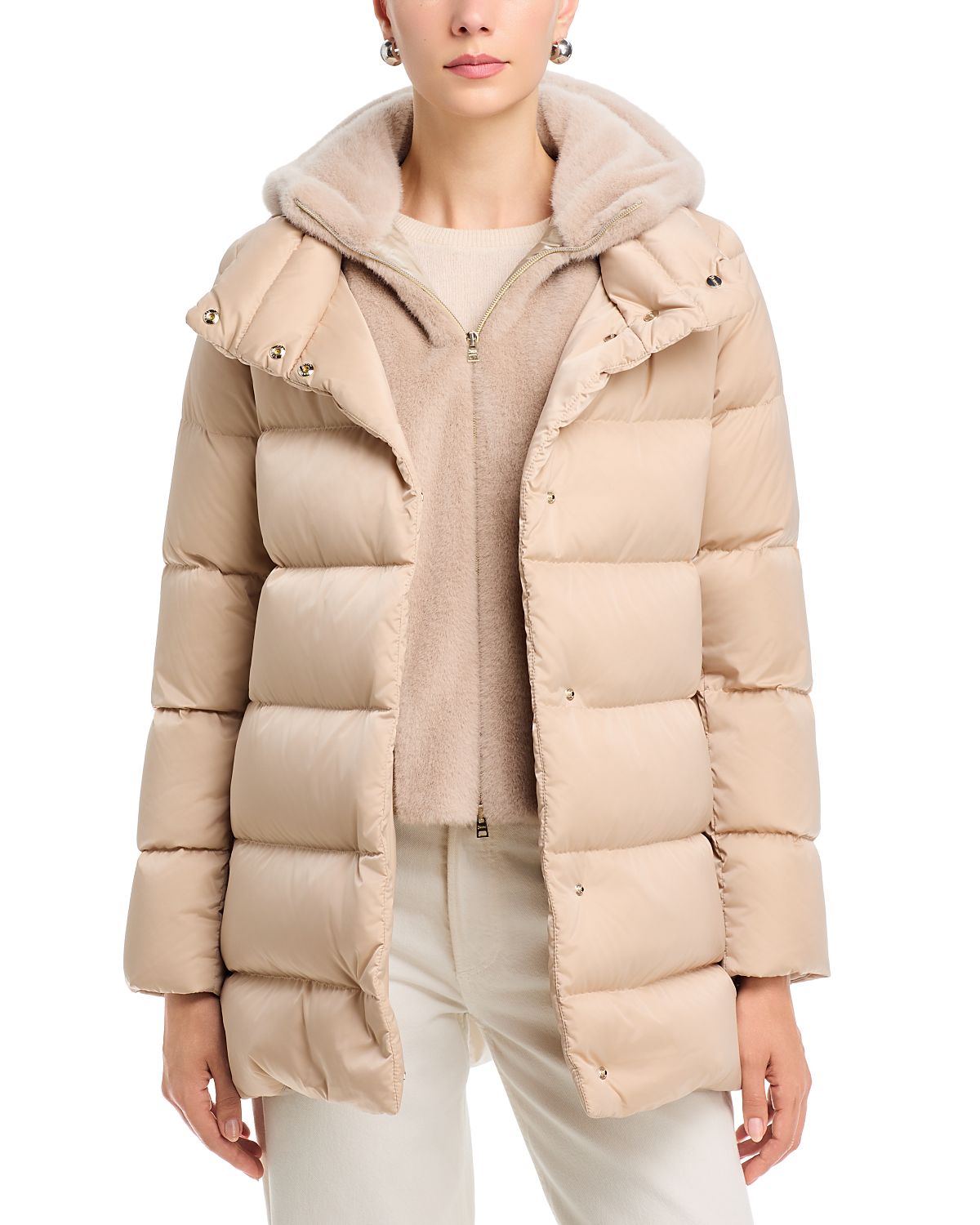 Herno Mixed Media Faux Fur Trim Puffer Jacket