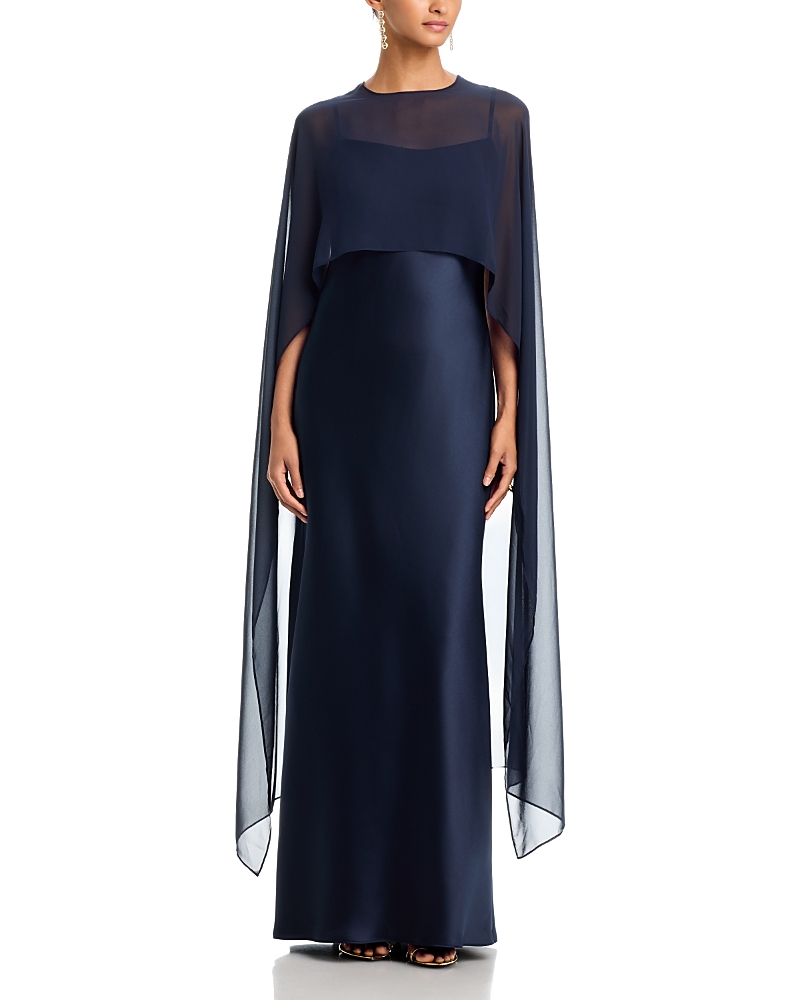 Aqua. Long Satin Dress with Chiffon Overlay - Exclusive