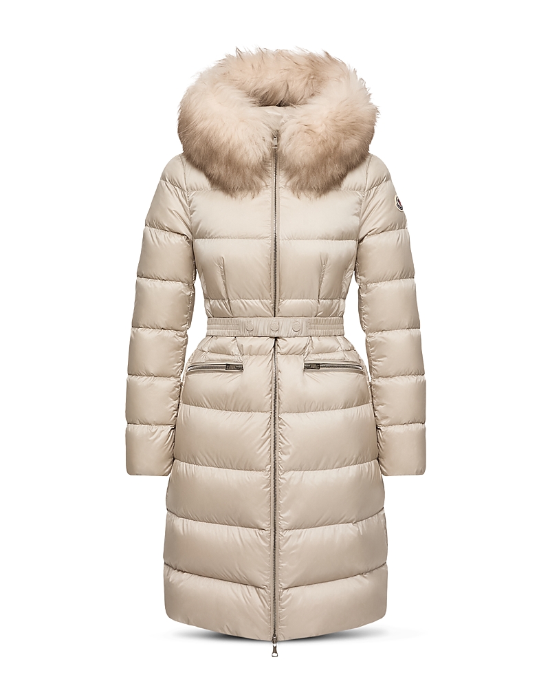 Moncler Boedic Hooded Shearling Trimmed Long Down Jacket