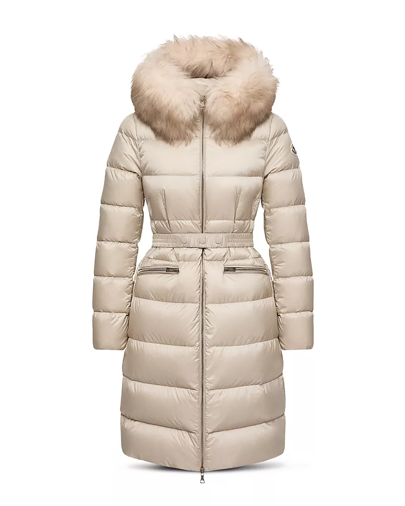 Moncler Boedic Hooded Shearling Trimmed Long Down Jacket