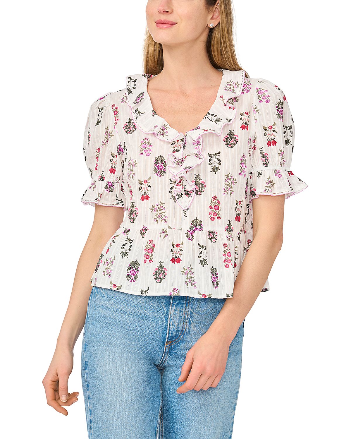CeCe Ruffled Cotton V Neck Top