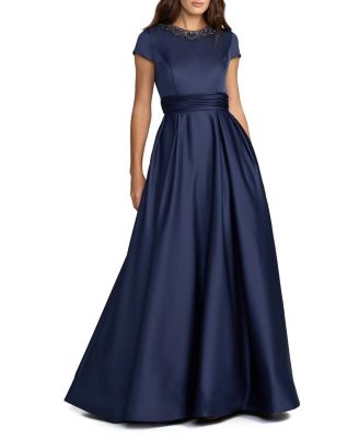 Embellished Satin Cap Sleeve Gown With Pockets