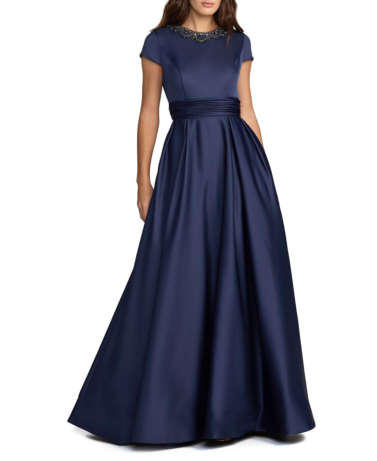 Mac Duggal Embellished Satin Cap Sleeve Gown With Pockets