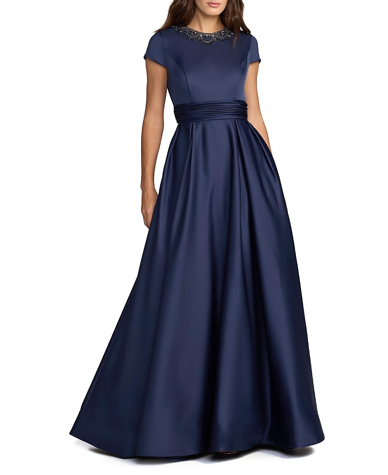 Mac Duggal Embellished Satin Cap Sleeve Gown With Pockets