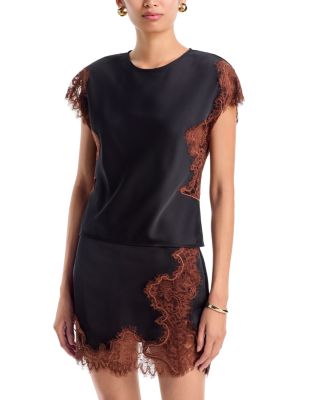 Cap Sleeve Lace Trim Satin Top - Exclusive 