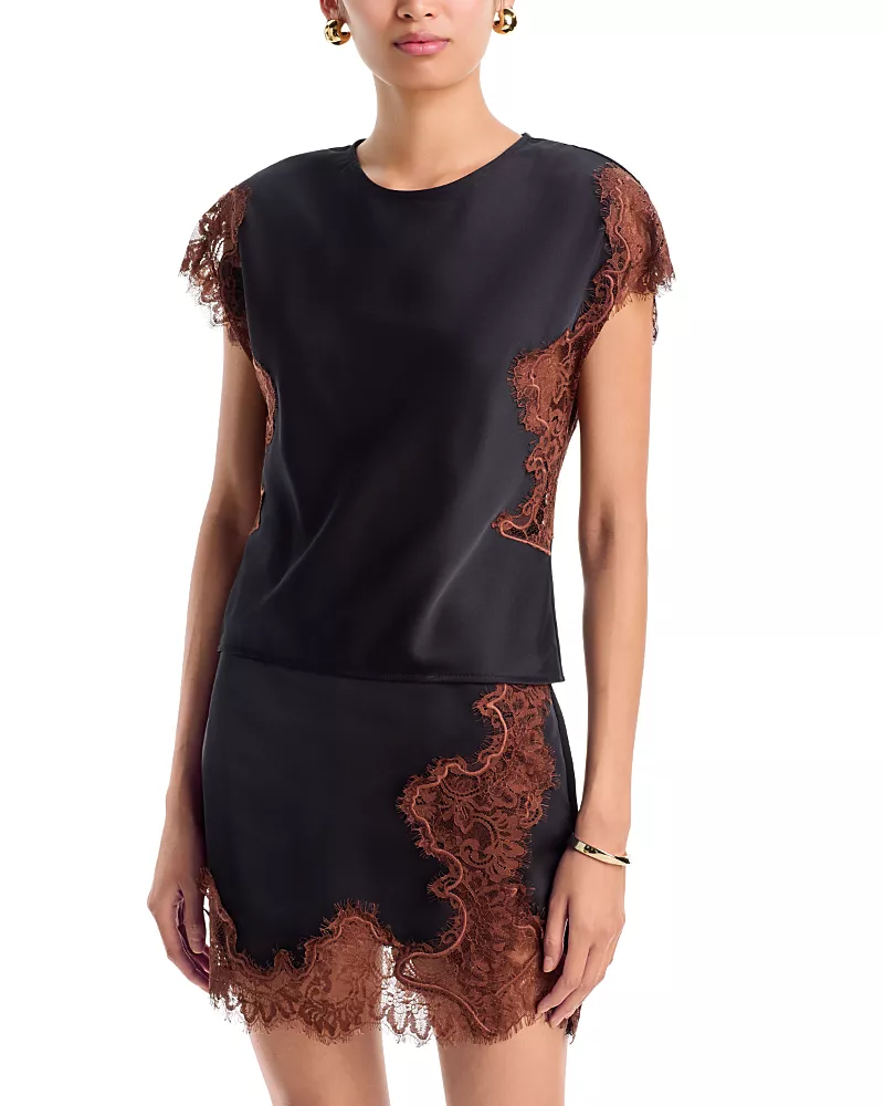 Aqua Cap Sleeve Lace Trim Satin Top - Exclusive