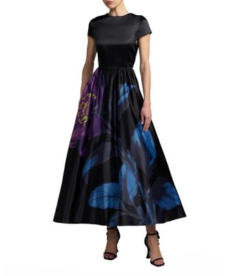 Mac Duggal Satin Cap Sleeve Floral Printed A-Line Dress