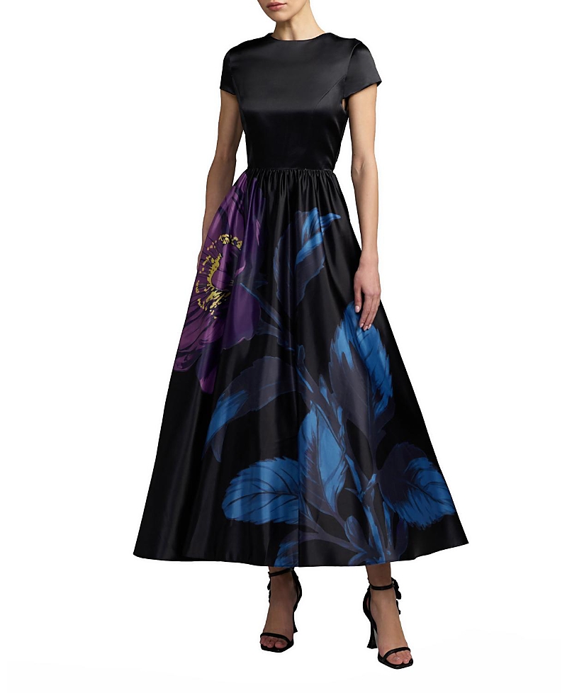 Mac Duggal Satin Cap Sleeve Floral Printed A-Line Dress