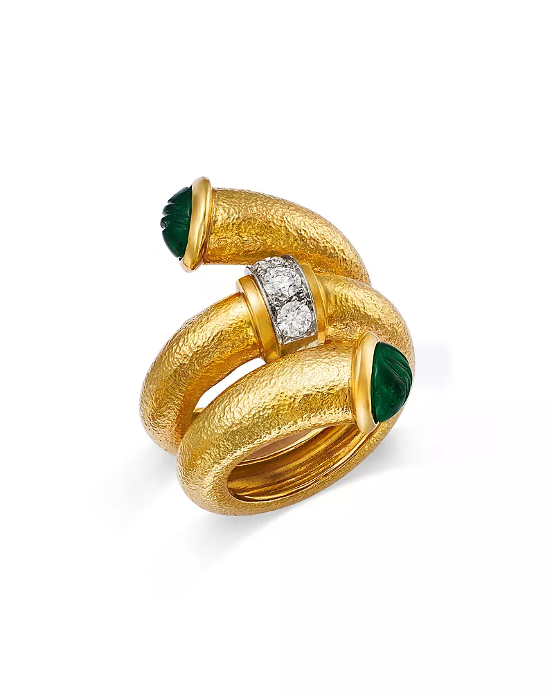 David Webb Platinum & 18K Yellow Gold Emerald & Diamond Carved Pipe Ring
