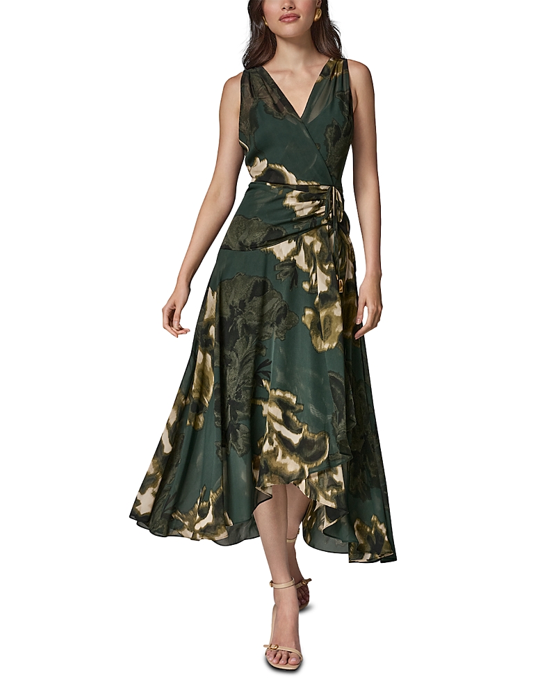 Donna Karan New York Printed Chiffon Crossover Neck Faux Wrap Dress