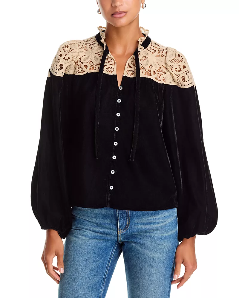 Sea Shiloh Lace Yoke Velvet Blouse