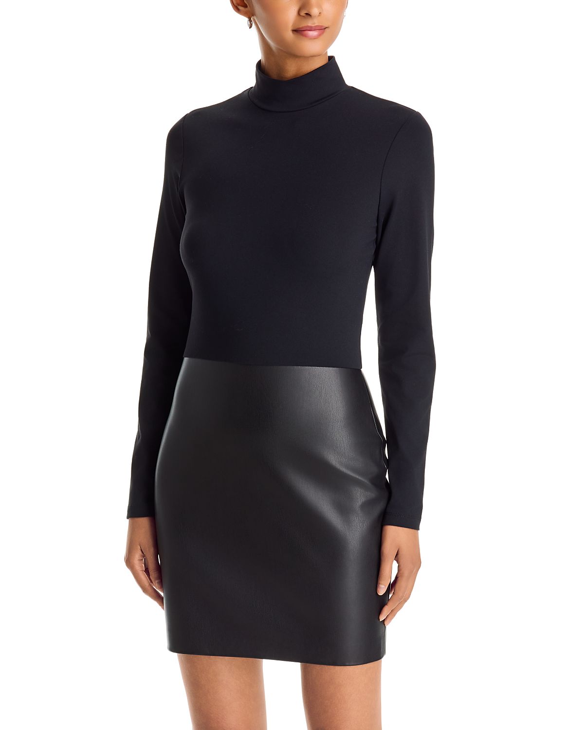 Aqua Turtleneck Mixed Media Faux Leather Dress