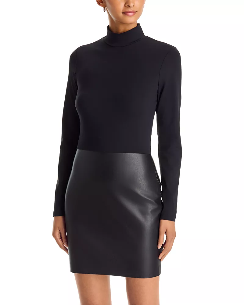 Aqua Turtleneck Mixed Media Faux Leather Dress