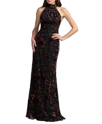 Mac Duggal Sleeveless Velvet Halter Neck Gown With Drape