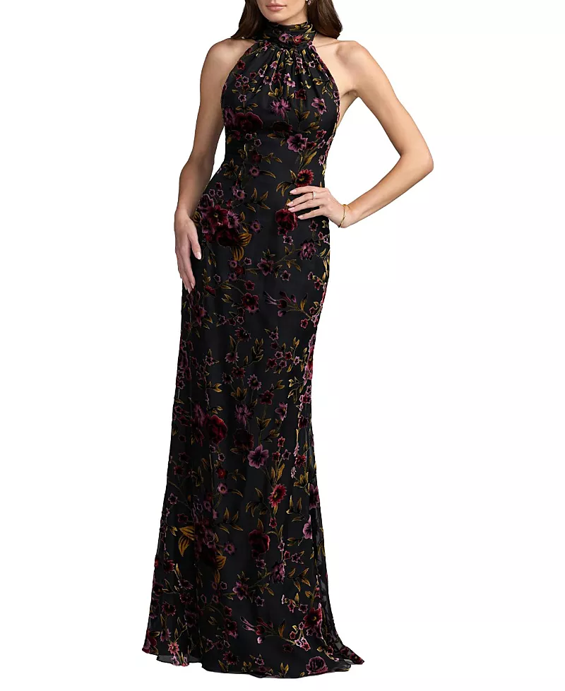 Mac Duggal Sleeveless Velvet Halter Neck Gown With Drape