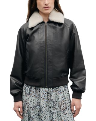 Gerard Darel Paola Leather Zip Front Bomber Jacket