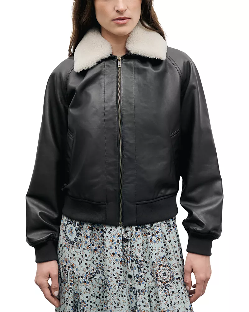 Gerard Darel Paola Leather Zip Front Bomber Jacket