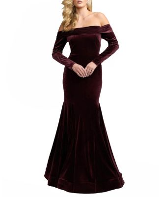  Velvet Off The Shoulder Long Sleeve Mermaid Gown