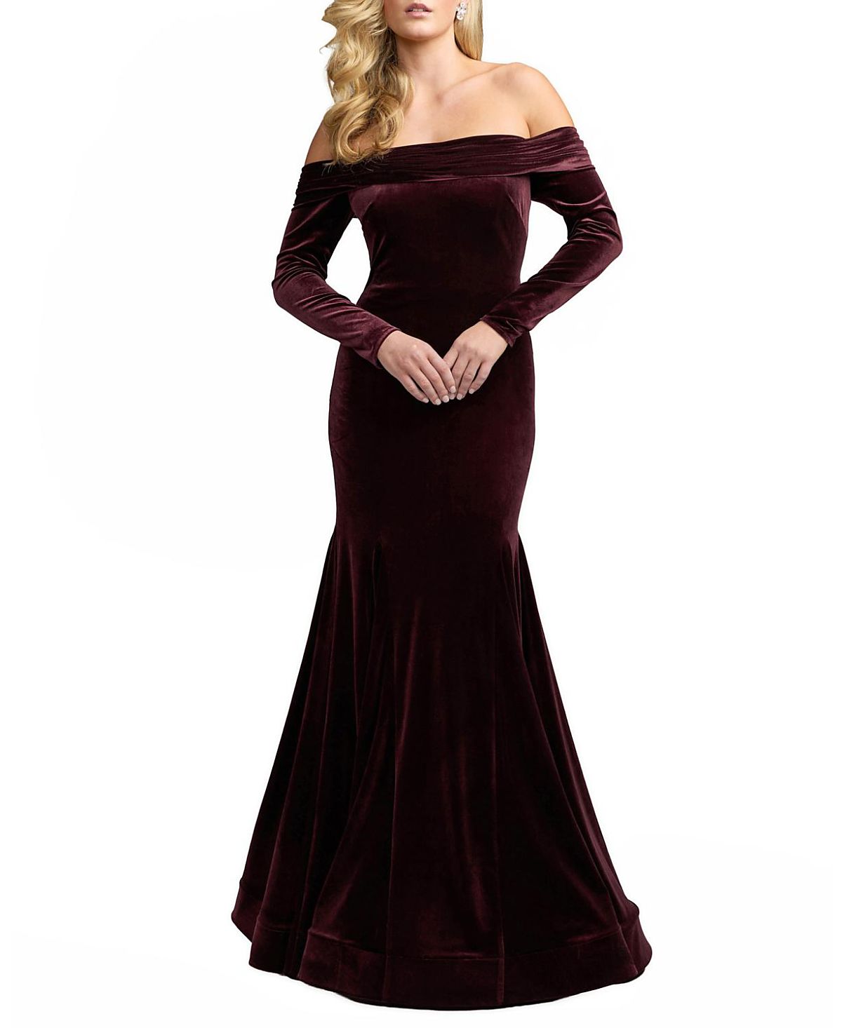 Mac Duggal Velvet Off The Shoulder Long Sleeve Mermaid Gown