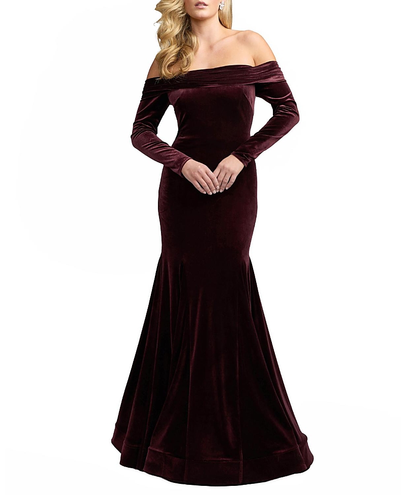 Mac Duggal Velvet Off The Shoulder Long Sleeve Mermaid Gown