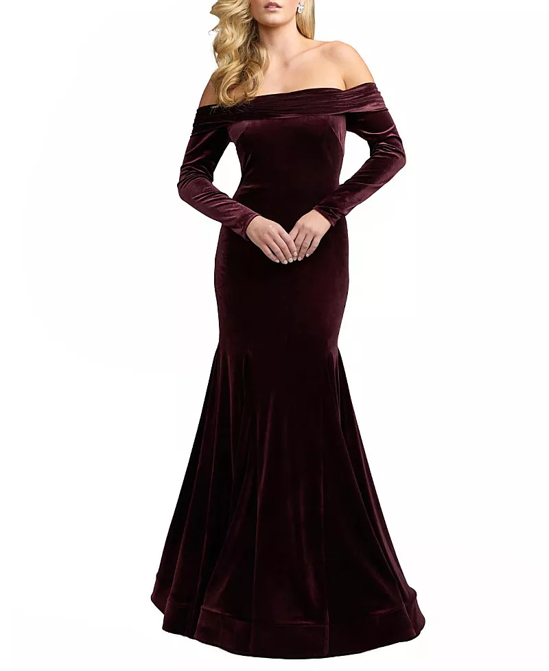 Mac Duggal Velvet Off The Shoulder Long Sleeve Mermaid Gown