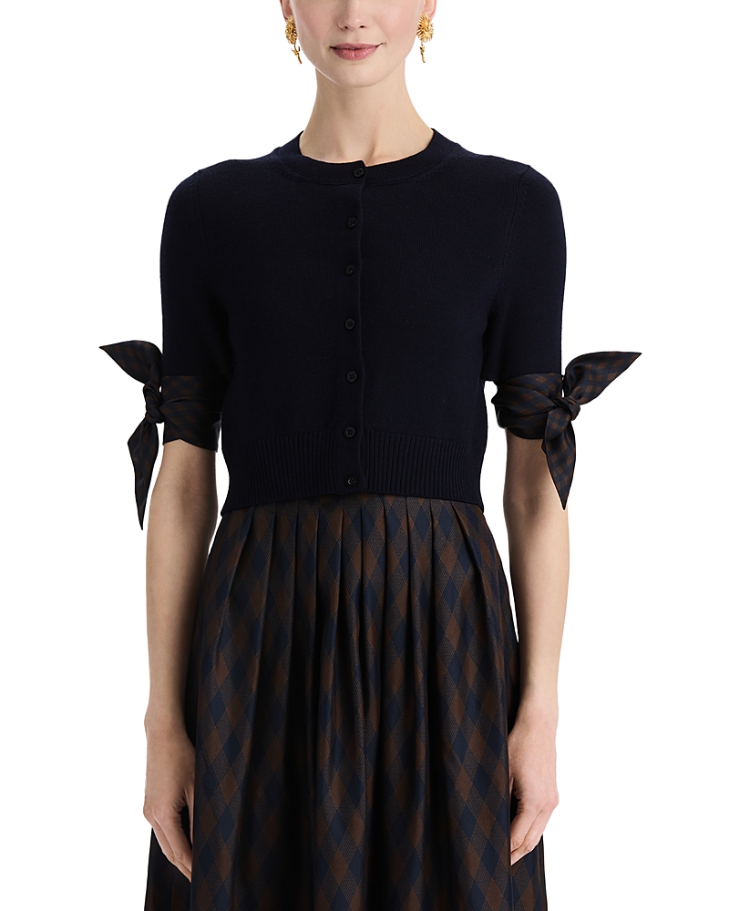 Oscar De La Renta Argyle Tie Knit Cardigan In Navy