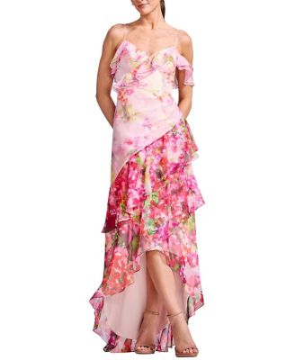 Dress the Population Lumi Spaghetti Strap Floral Print Cold Shoulder Ruffle Gown