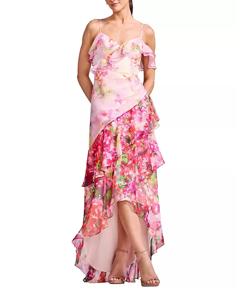 Dress the Population Lumi Spaghetti Strap Floral Print Cold Shoulder Ruffle Gown