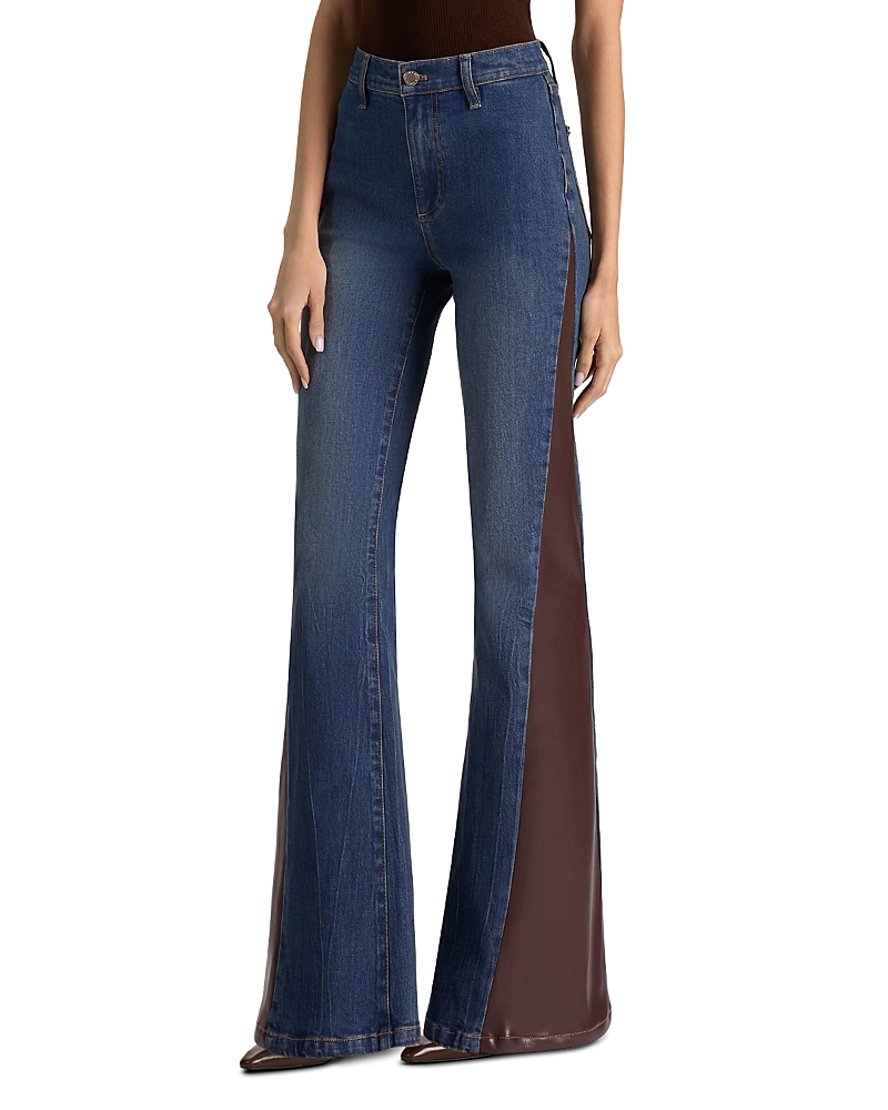 Alice and Olivia High Rise Faux Leather Godet Flare Jeans in Georgetta Vintage Blue/Dark Chocolate