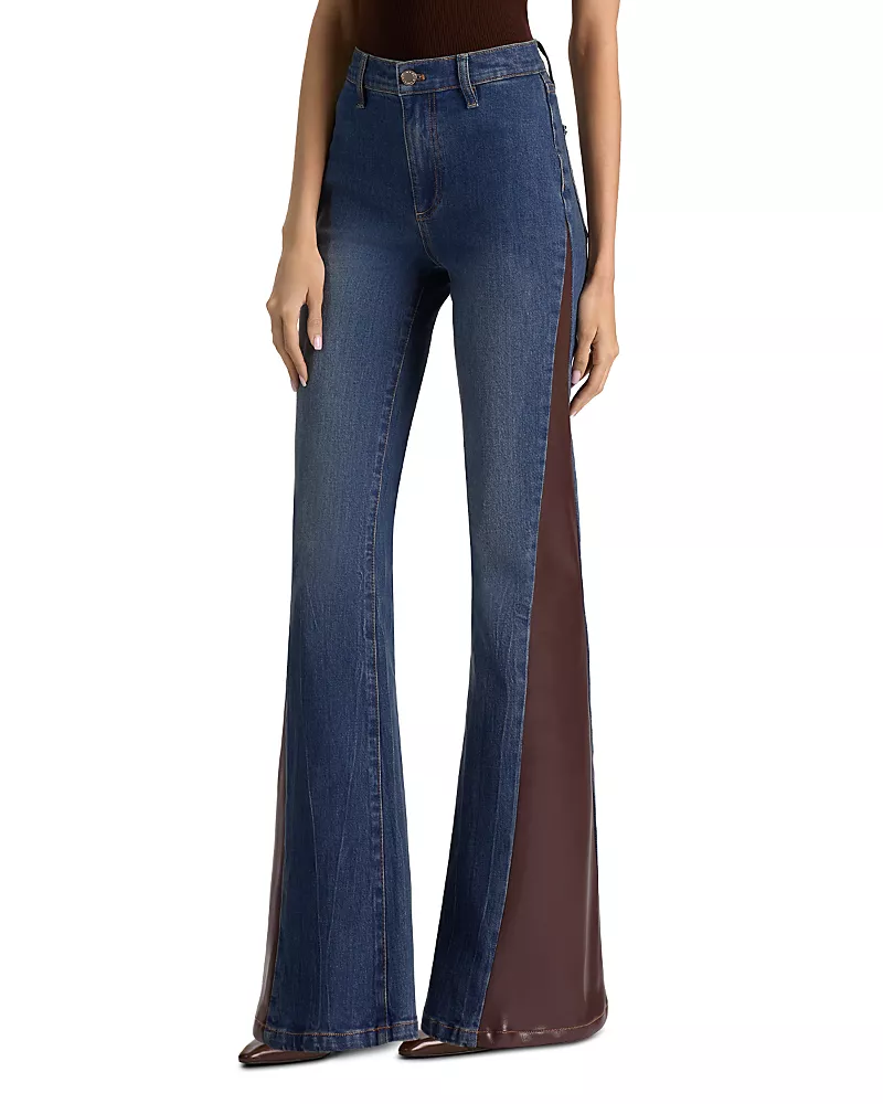 Alice and Olivia High Rise Faux Leather Godet Flare Jeans in Georgetta Vintage Blue/Dark Chocolate