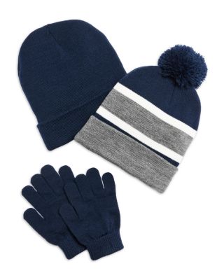Boys' Striped Rib Knit Cuff Hat, Solid Knit Hat & Gloves Set - Little Kid, Big Kid