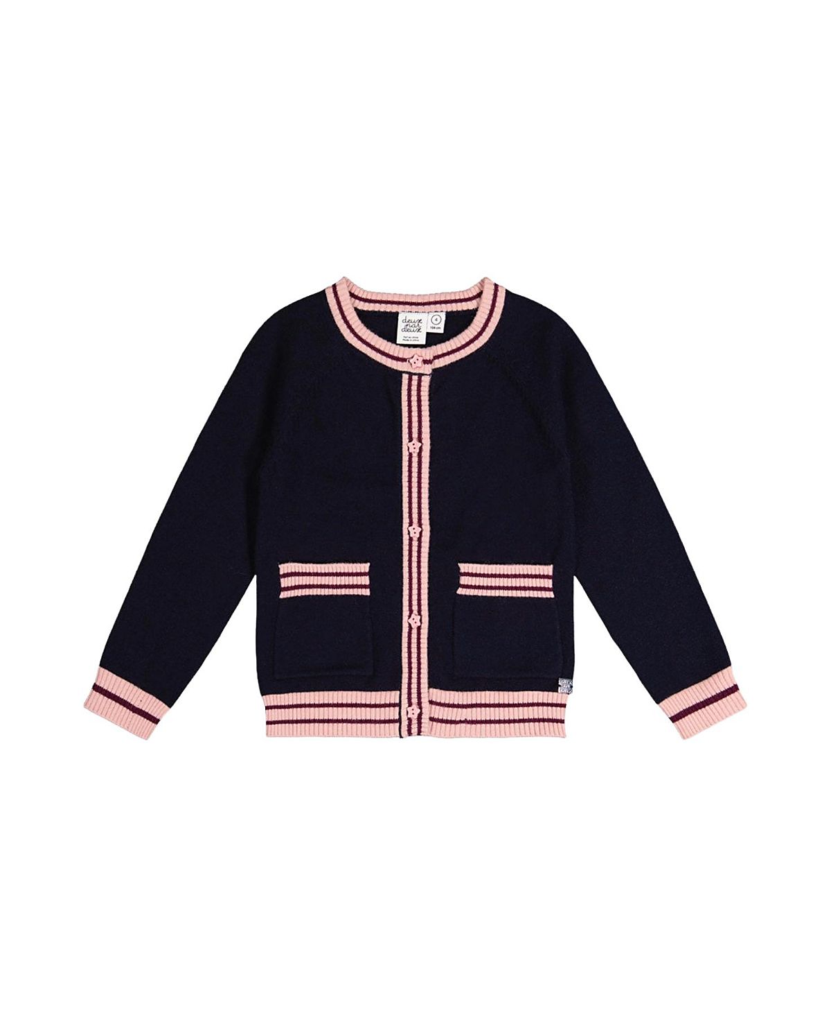 Deux par Deux Girls' Knitted Button Front Striped Trim Cardigan - Big Kid