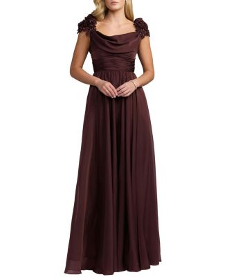 Chiffon Cowl Neck Embellished Cap Sleeve Gown