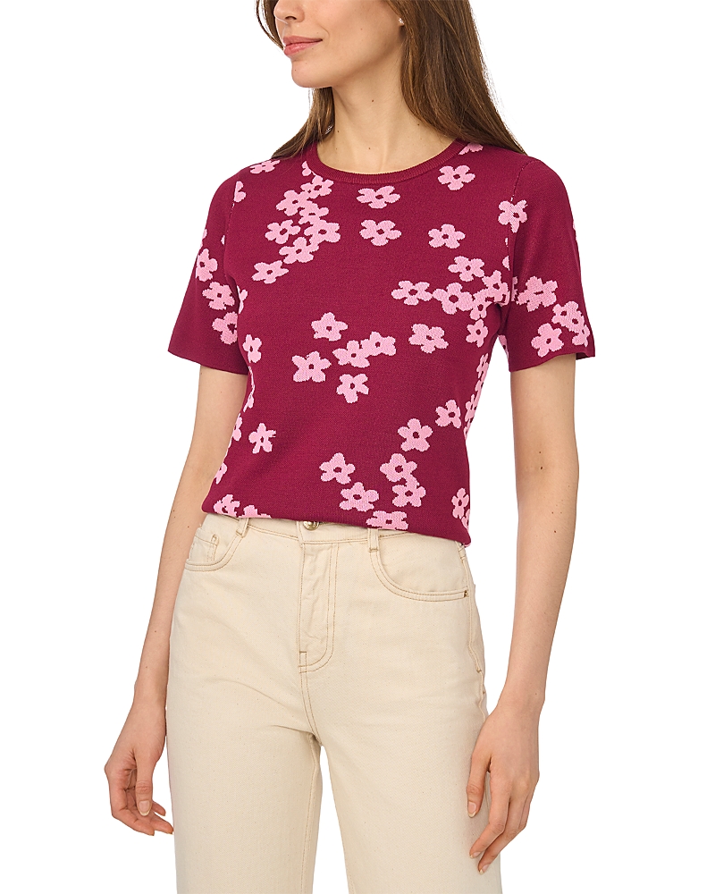 CeCe Flower Jaquard Short Sleeve Sweater