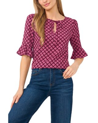 Split Tie Neck Ruffle Top