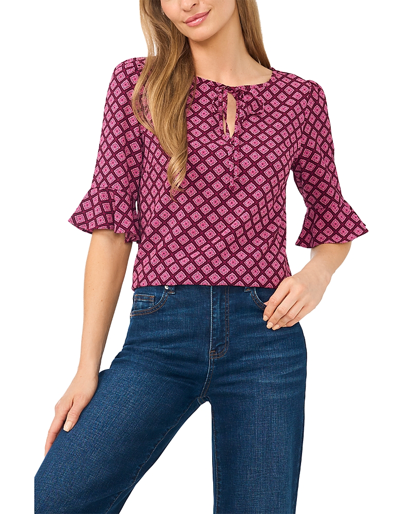 CeCe Split Tie Neck Ruffle Top