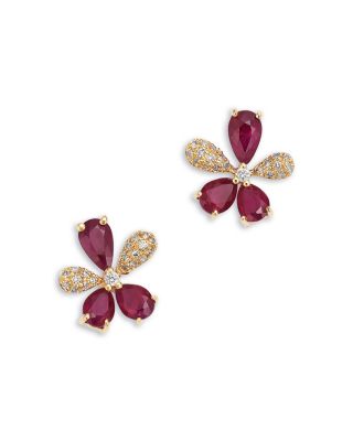 Emerald & Diamond Flower Stud Earrings in 14K Yellow Gold