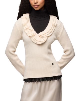 Ribbed Merino Wool-Blend Ruffel Sweater