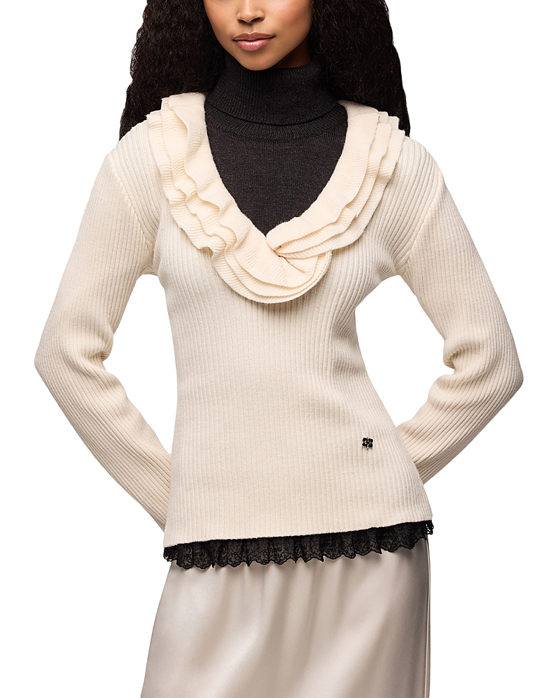 Ganni Ribbed Merino Wool-Blend Ruffel Sweater