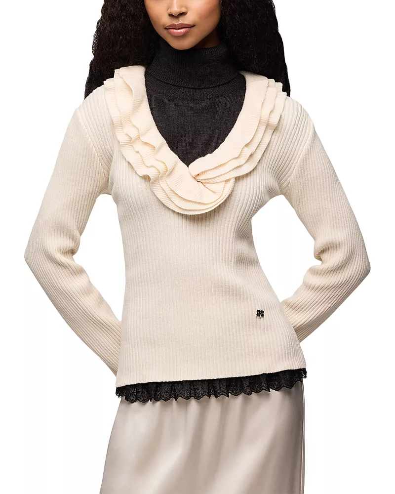 Ganni Ribbed Merino Wool-Blend Ruffel Sweater