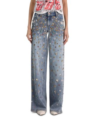 Amazing Embellished High Rise Baggy Wide Leg Jeans in Fiona Vintage Blue