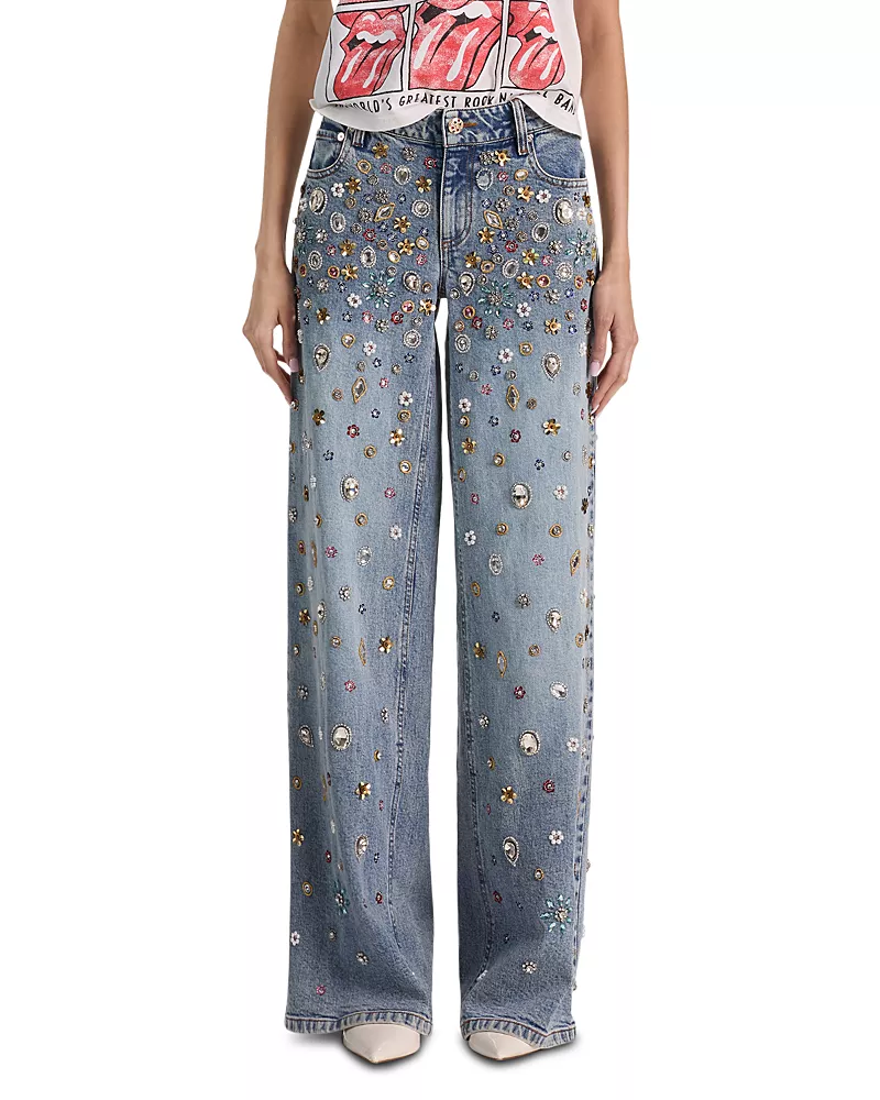 Alice and Olivia Amazing Embellished High Rise Baggy Wide Leg Jeans in Fiona Vintage Blue