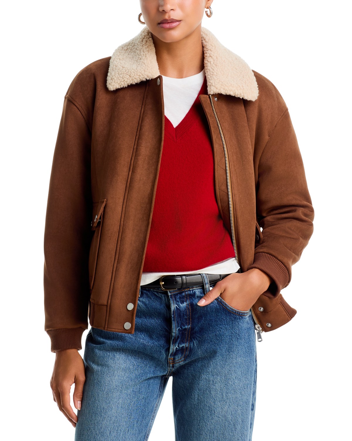 Faux Fur Trim Faux Suede Aviator Jacket - Exclusive