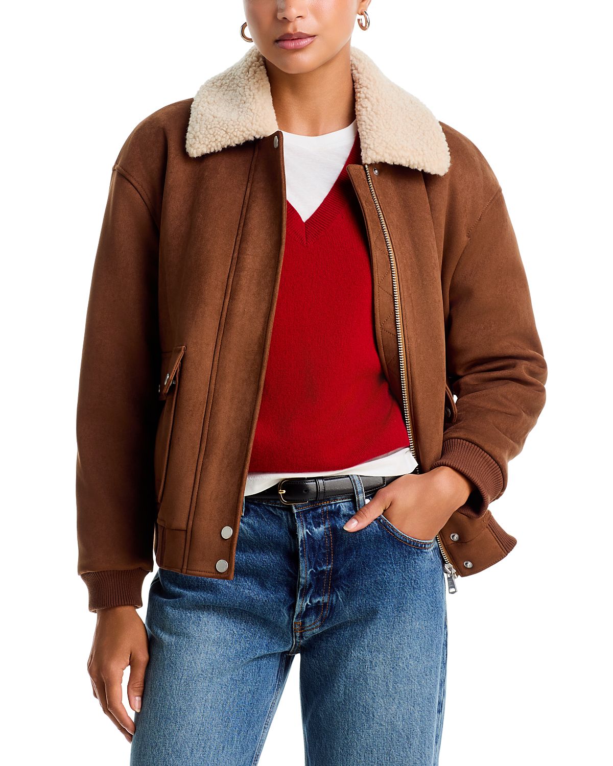 Aqua Faux Fur Trim Faux Suede Aviator Jacket - Exclusive