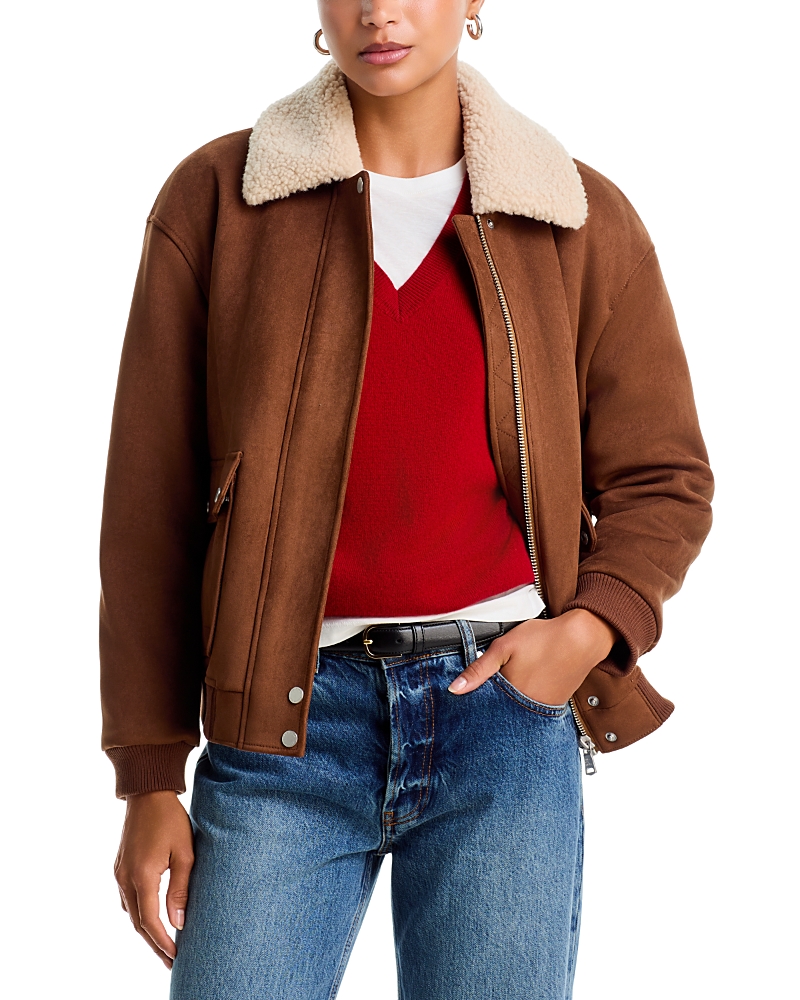 Aqua Faux Fur Trim Faux Suede Aviator Jacket - Exclusive